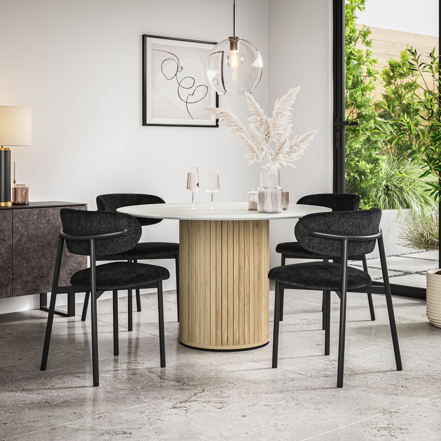 Furniture Online Arlo Myla Marble Top w Oak Legs Dining Table & 6 Black Chairs