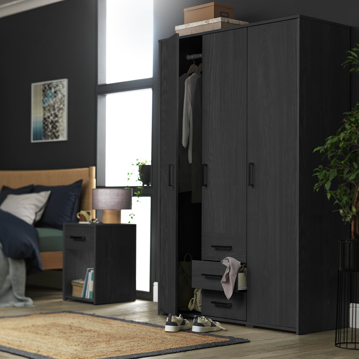 Argos Home Oslo 3 Door 3 Drawer Wardrobe - Black Oak Effect