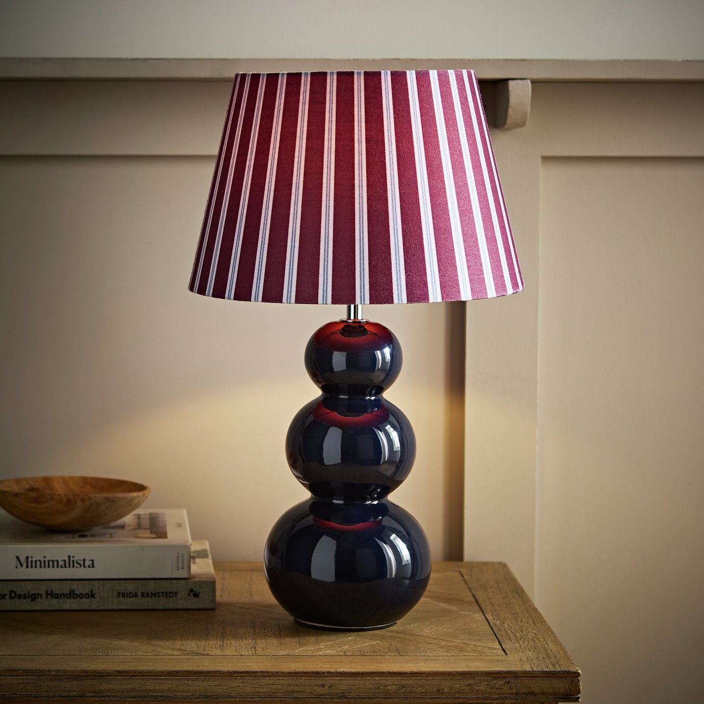 ValueLights Edie Ceramic Bobble With Striped Shade Table Lamp - Navy Blue