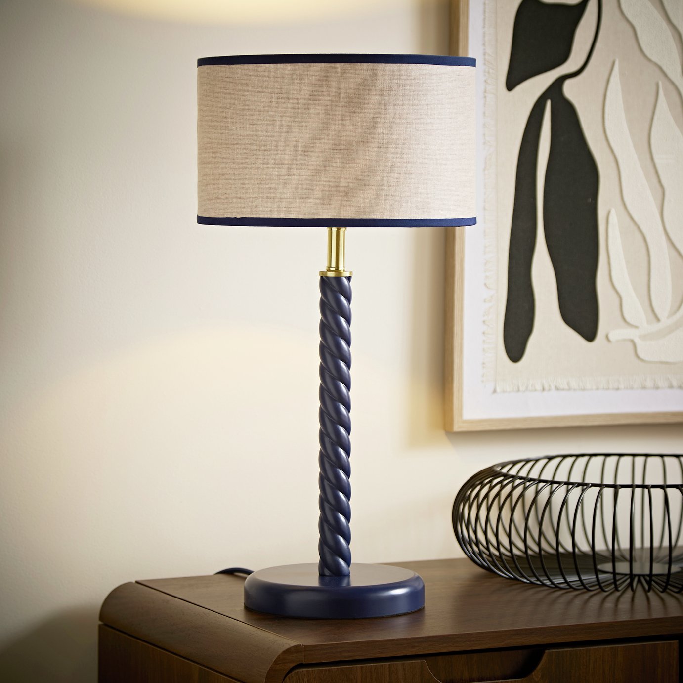ValueLights Amara Wood Twist Table Lamp - Navy Blue