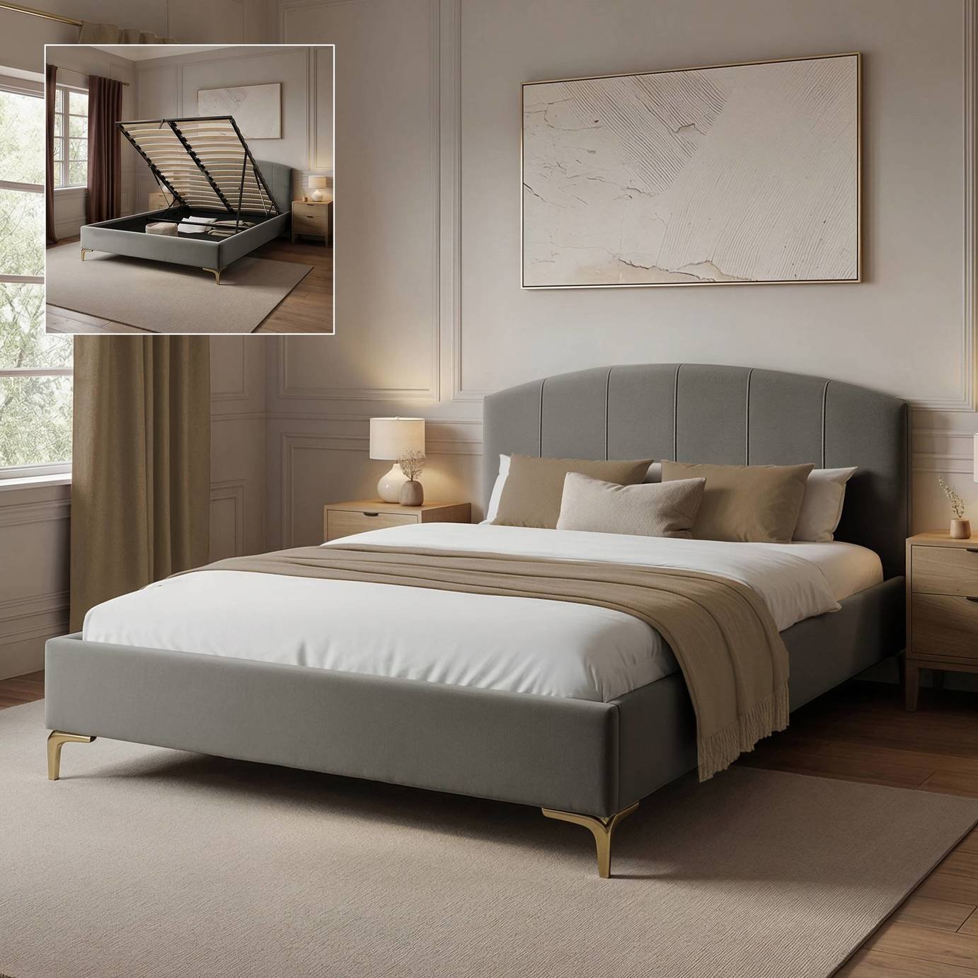 XR Living Avery Double Velvet End Lift Ottoman Bed Frame - Grey