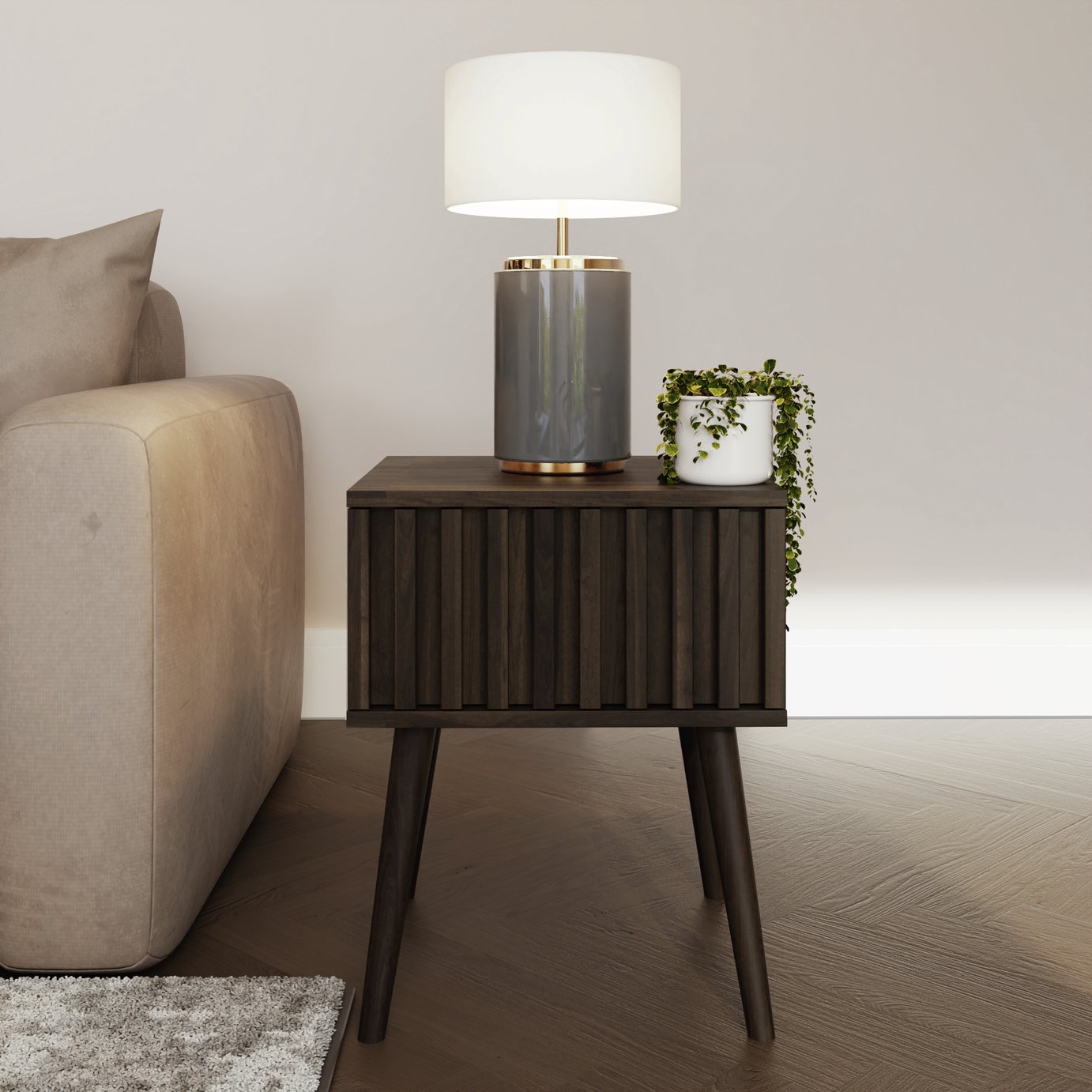 GFW Louvered 1 Drawer Side Table - Walnut Effect
