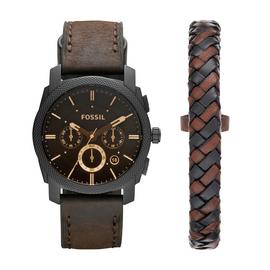 Fossil Men's Machine Brown Leather Strap Watch Set