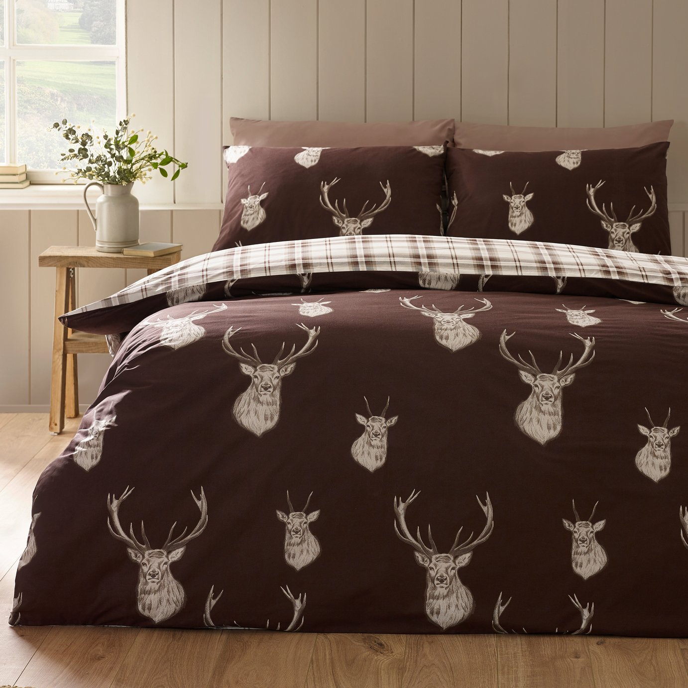 Catherine Lansfield Stag Check Chocolate Bedding Set - Double