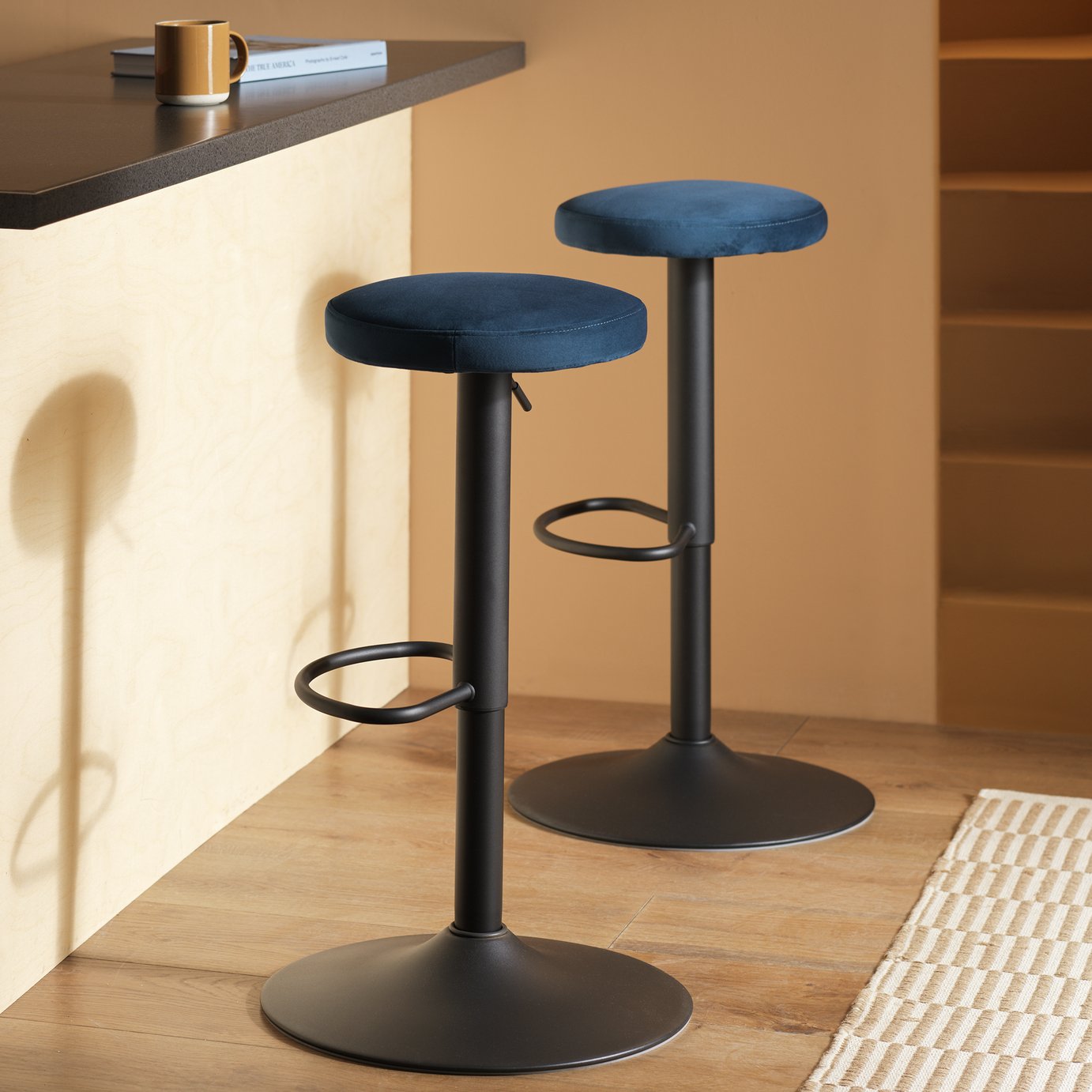 Habitat Hewitt Pair of Velvet Bar Stools - Blue