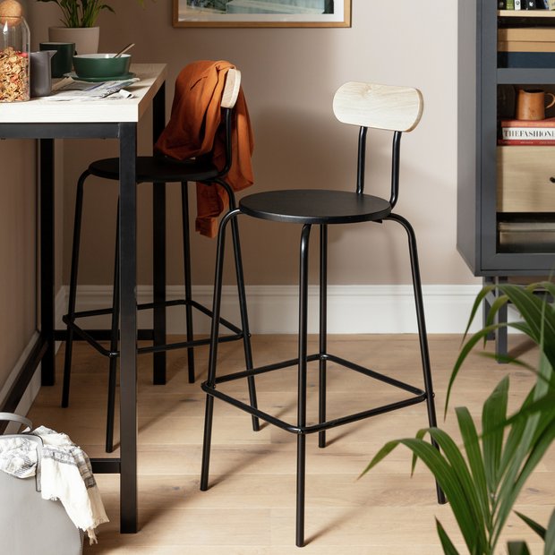 Black metal counter stool with back and store natural seat