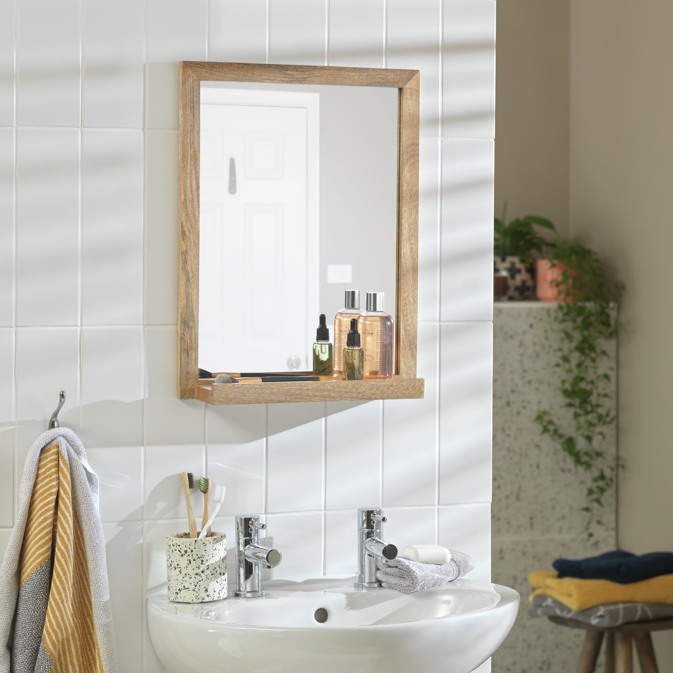 Habitat Mango Wood Bathroom Mirror with Shelf - 52x40cm