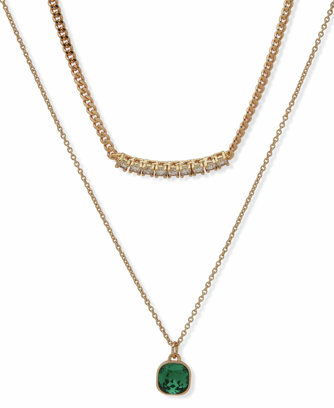 DKNY Gold Tone Emerald Cushion Pendant Tennis Double Chain Necklace
