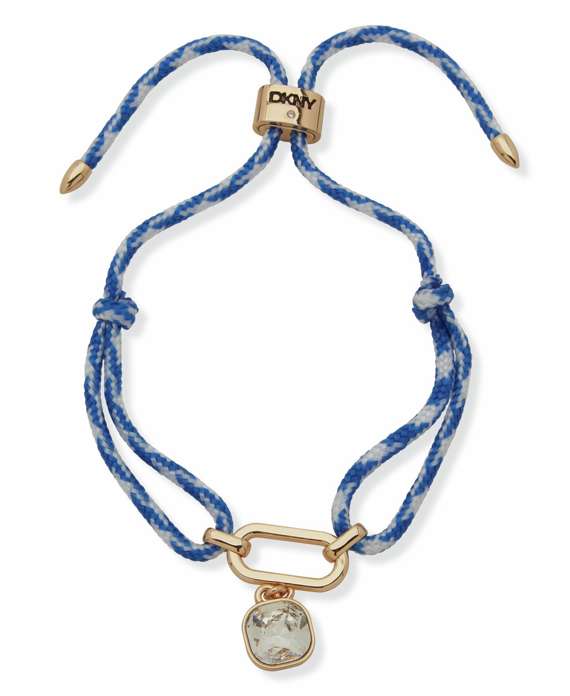 DKNY Gold Tone Crystal Charm Blue Cord Slider Bracelet