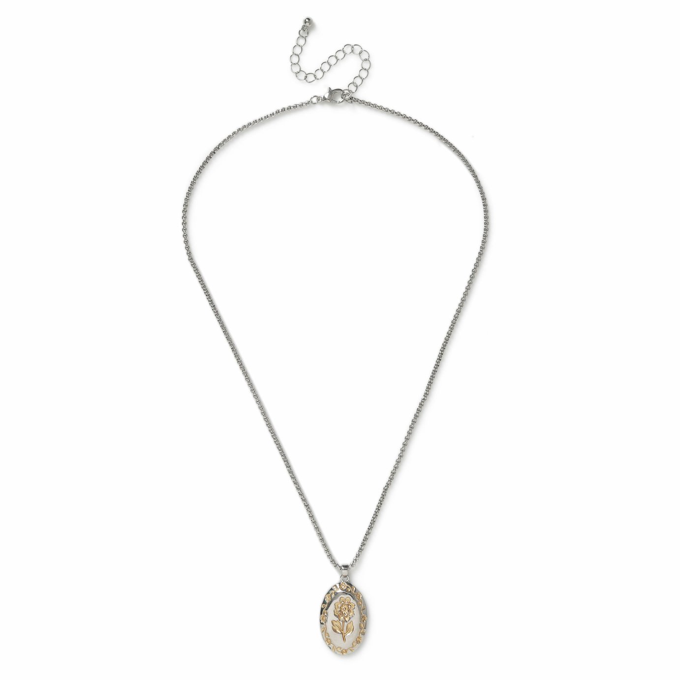 Freedom Silver Tone Mixed Metal Floral Etched Pendant Necklace