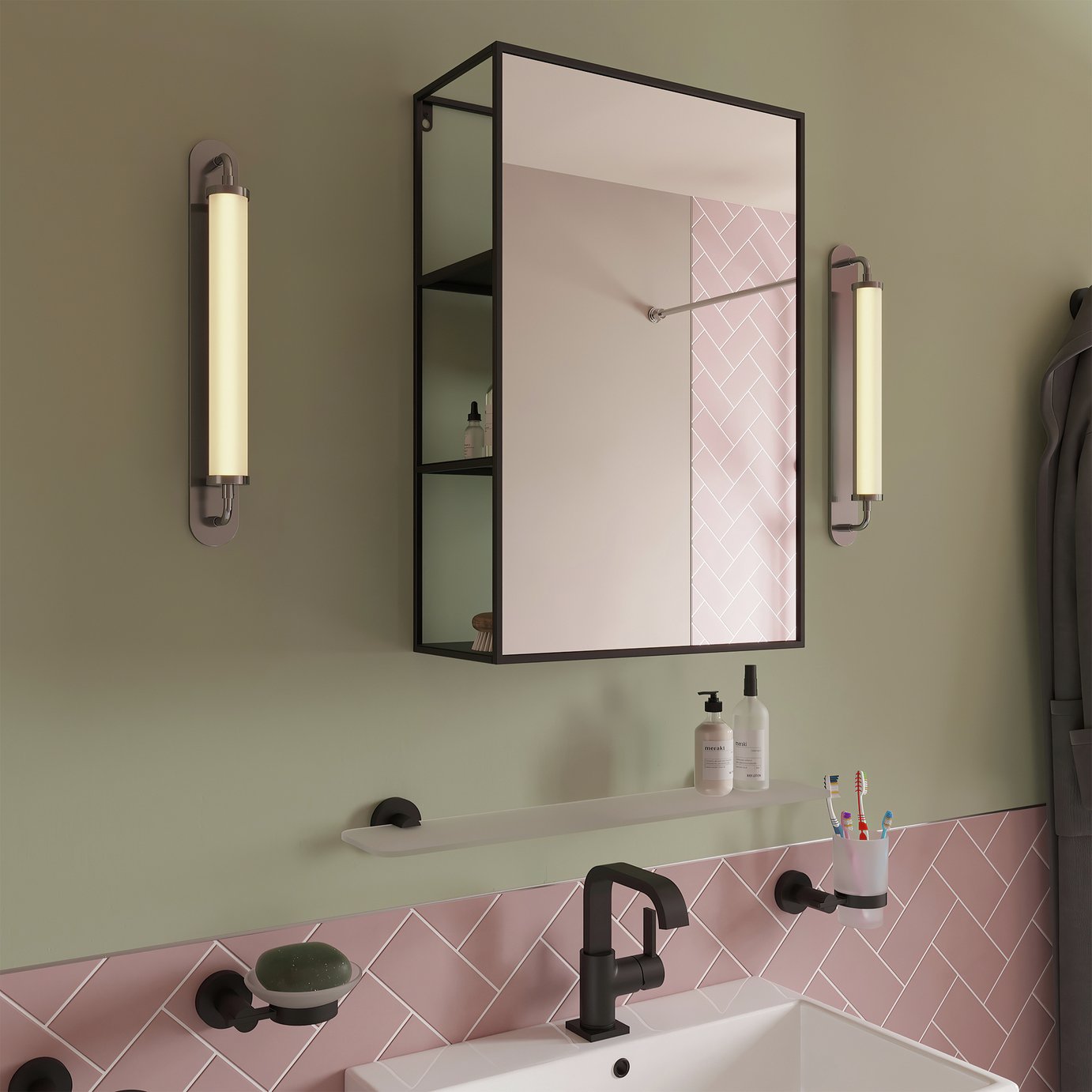 Croydex Black Metal Wall Mirror With Shelf - 60x40cm