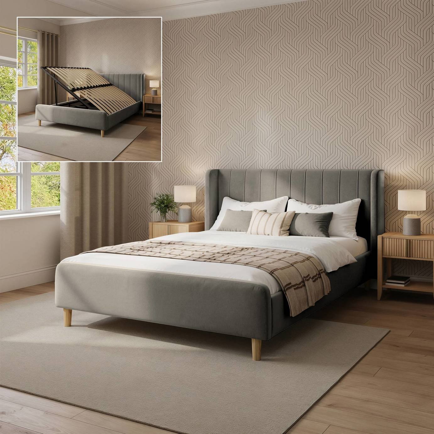 XR Living Lola King Size Velvet Side Lift Ottoman Bed Frame - Grey