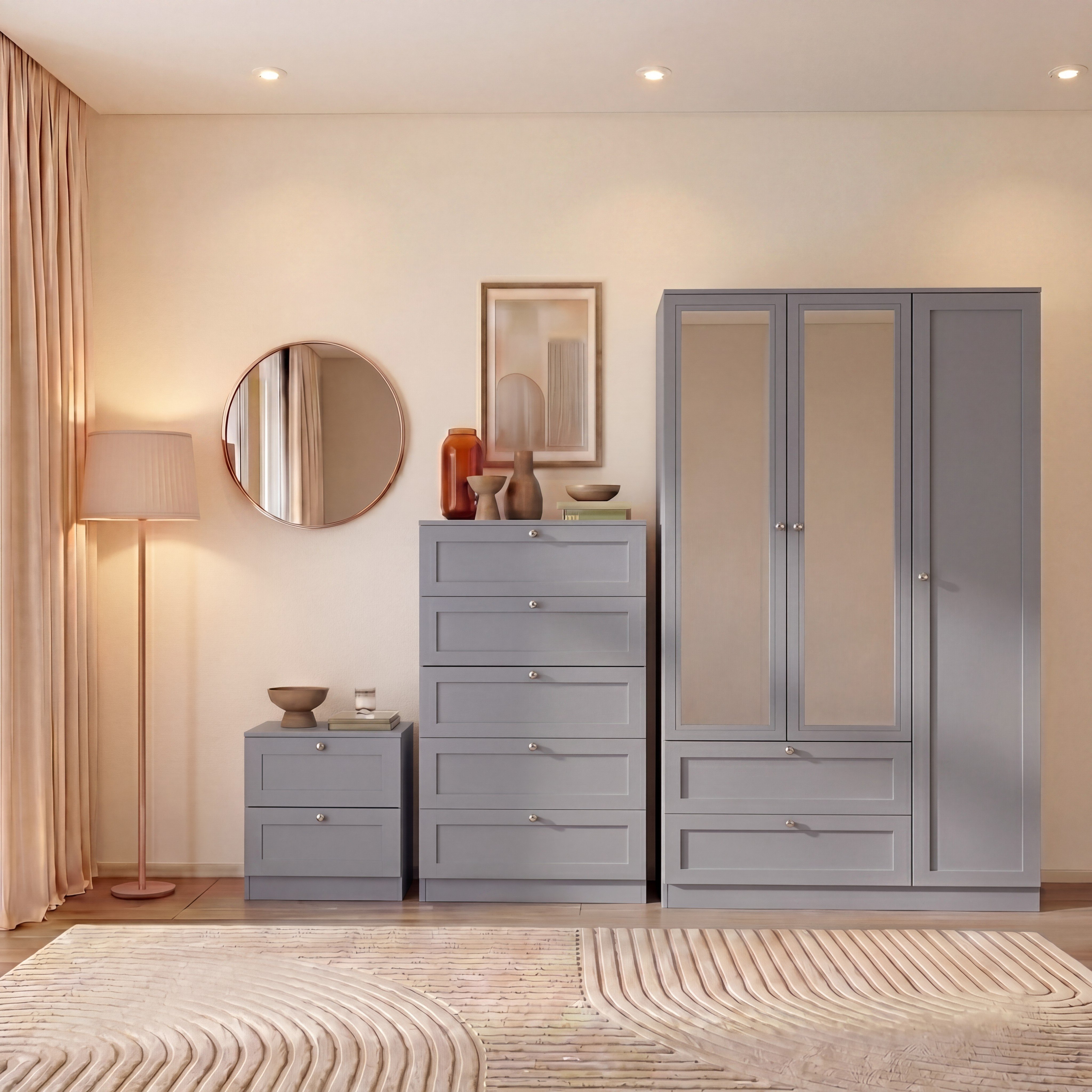 Vida Designs Altino Bedroom Set (Bedside, 5 Drawer, 3DR Wardrobe) - Grey