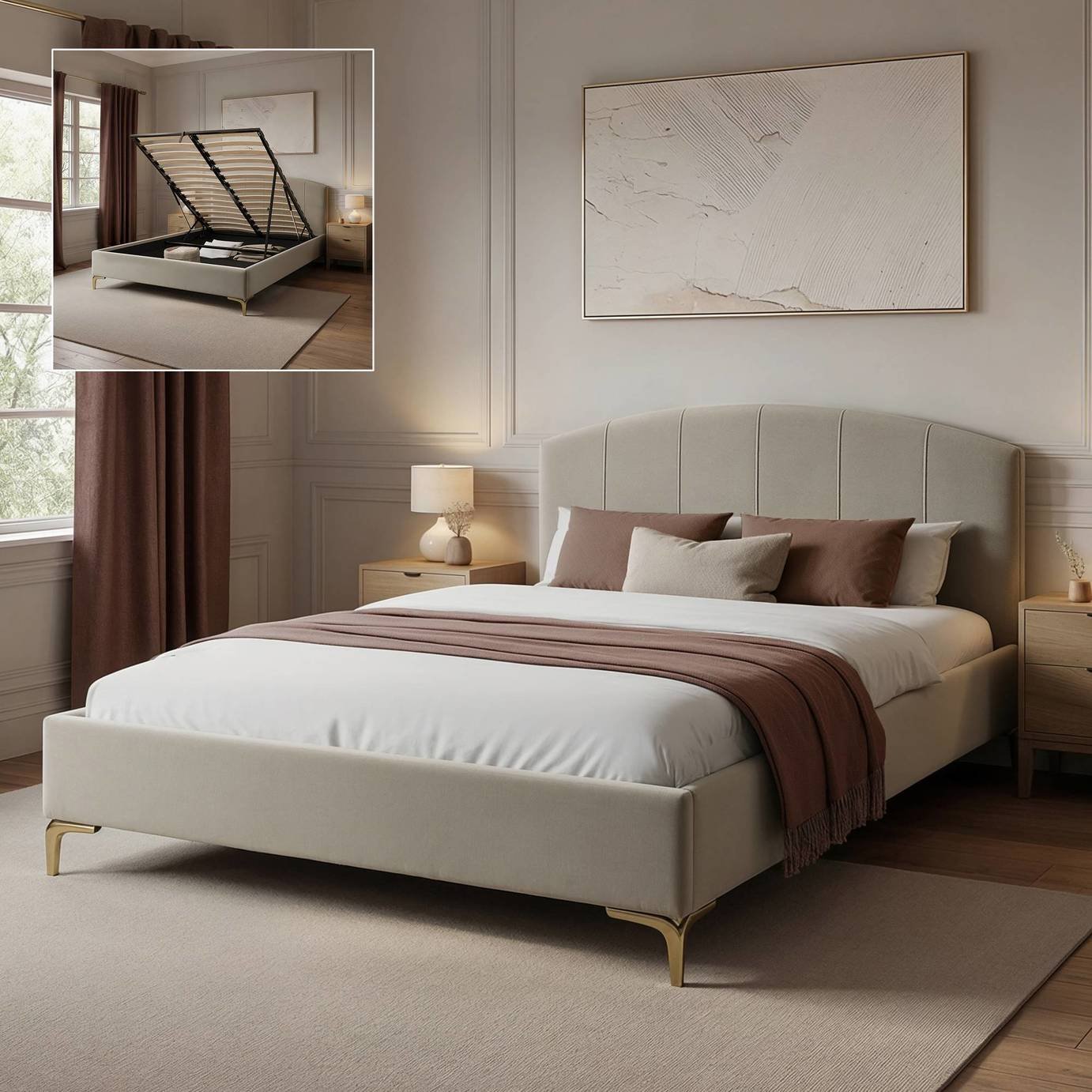 XR Living Avery King Size Velvet End Lift Ottoman Bed Frame - Natural