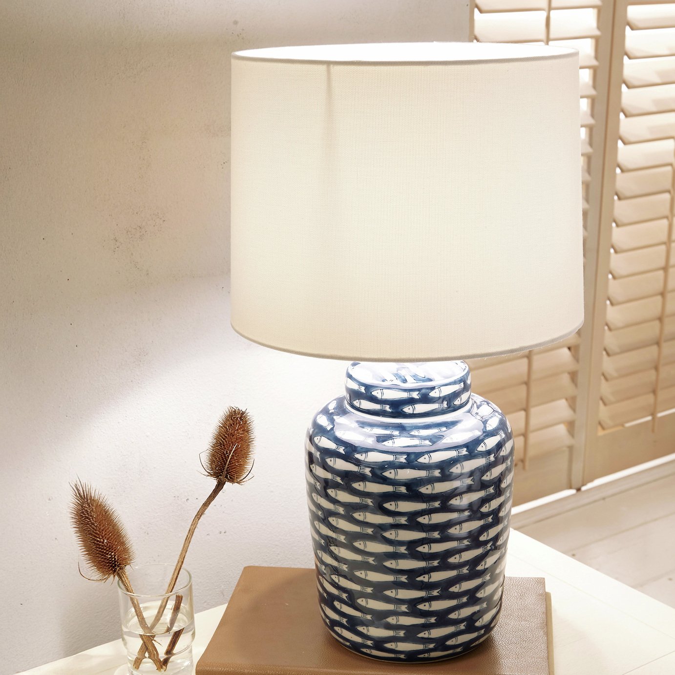 Pacific Ceramic Fish Print Table Lamp - Blue and White