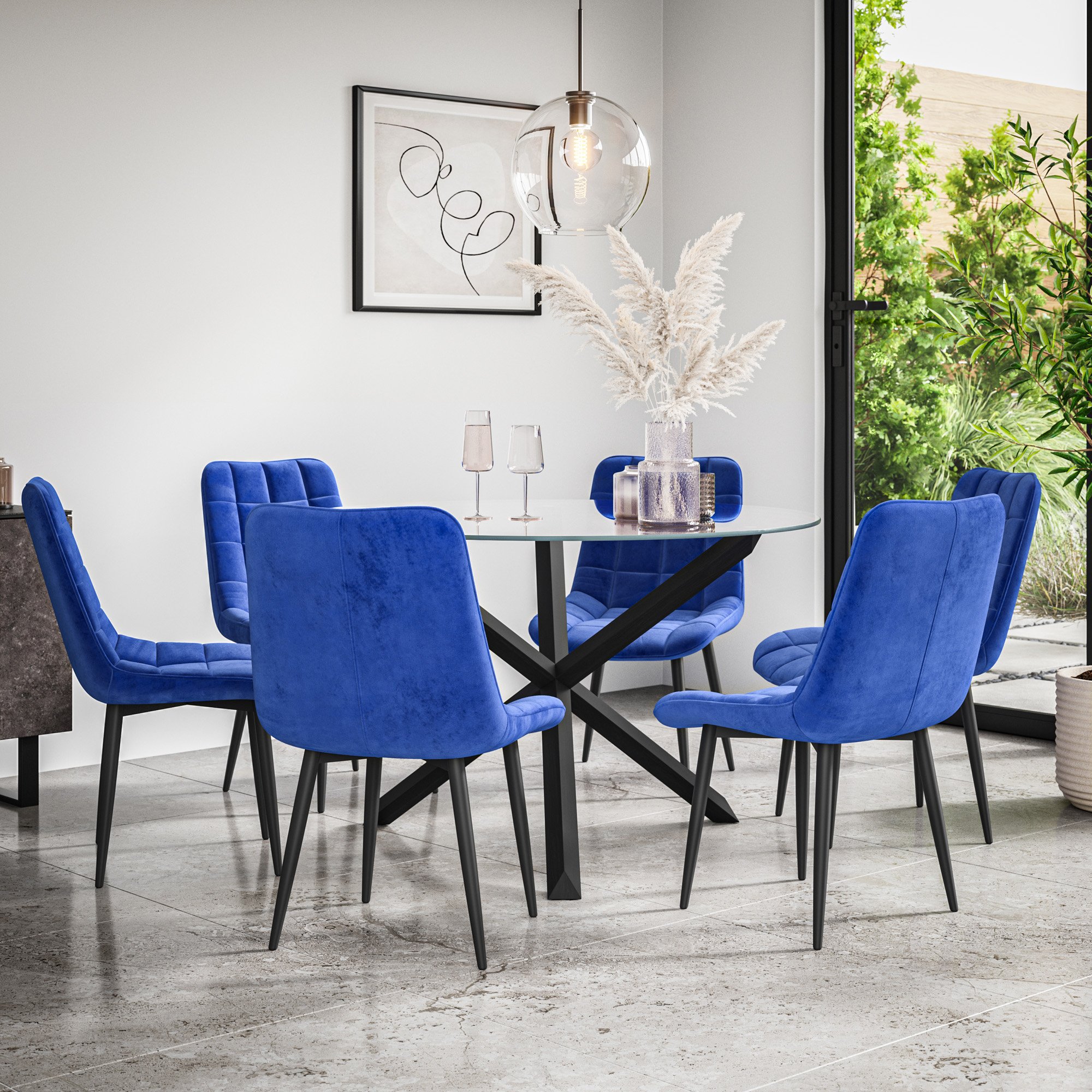 Furniture Online Malvern Nova Glass Top Dining Table & 6 Blue Chairs