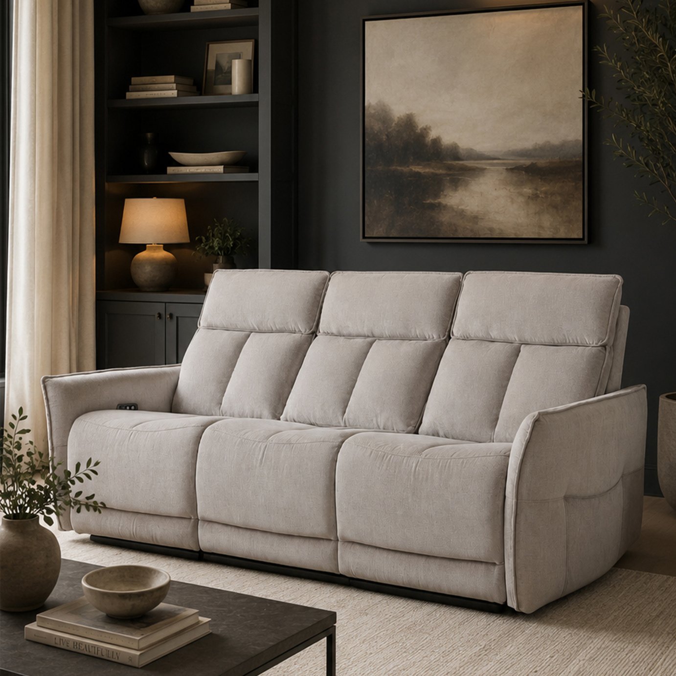 Aspire Riva Fabric 3 Seater Power Recliner Sofa - Natural