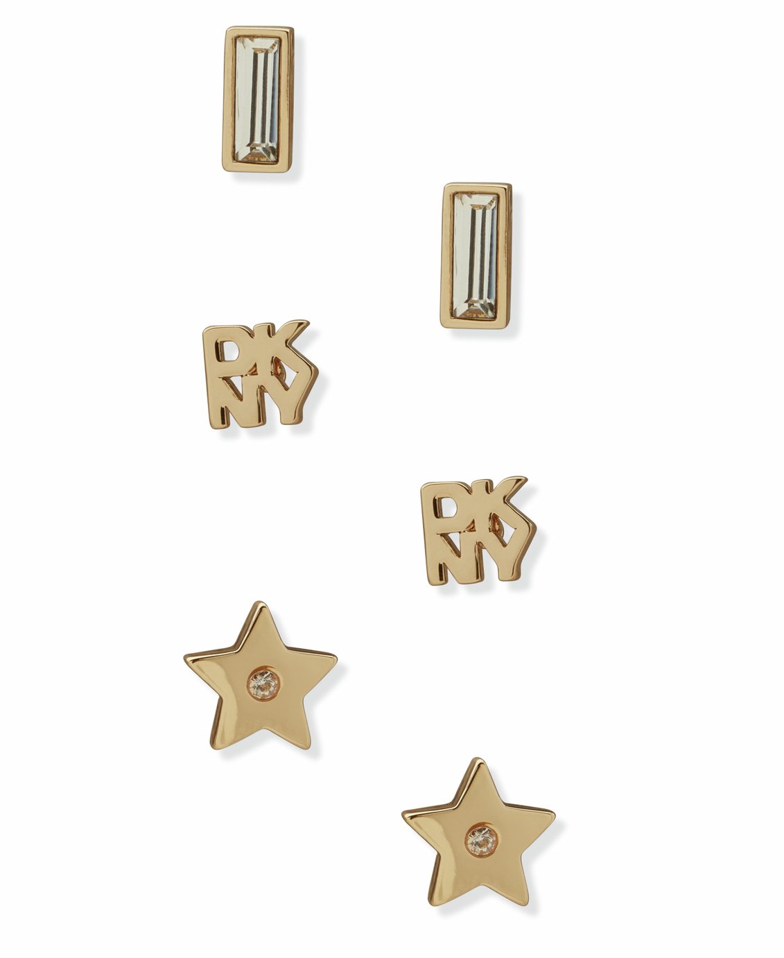 DKNY Gold Tone Pave Logo Charm Earrings - Pack of 3