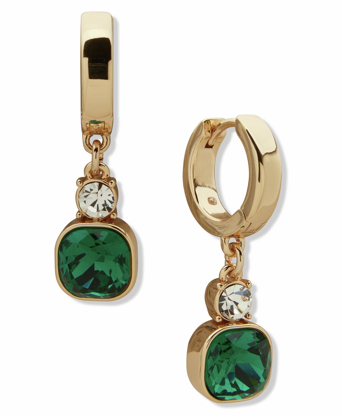 DKNY Gold Tone Emerald Cushion Stone Drop Earrings