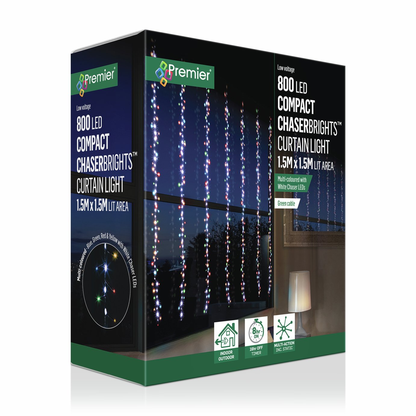 Premier Decorations Prelit 800 LED Christmas Curtain Multi-Action Chasing Lights