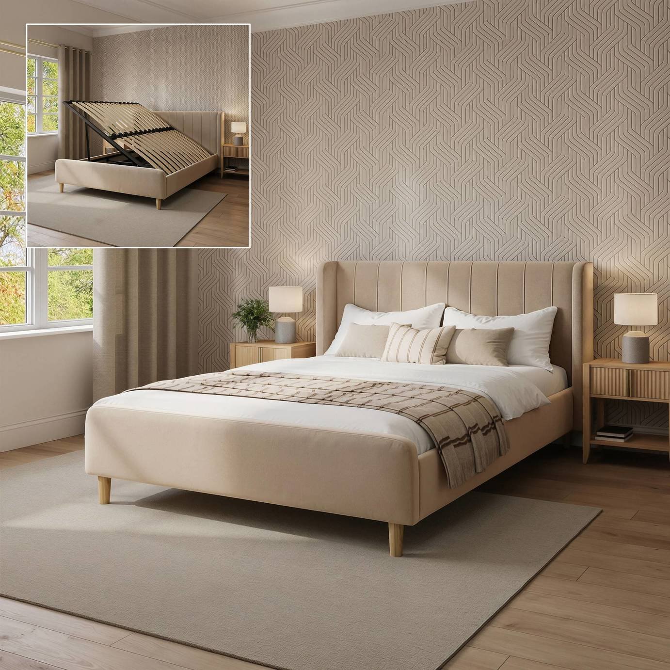 XR Living Lola Double Velvet Side Lift Ottoman Bed Frame - Beige