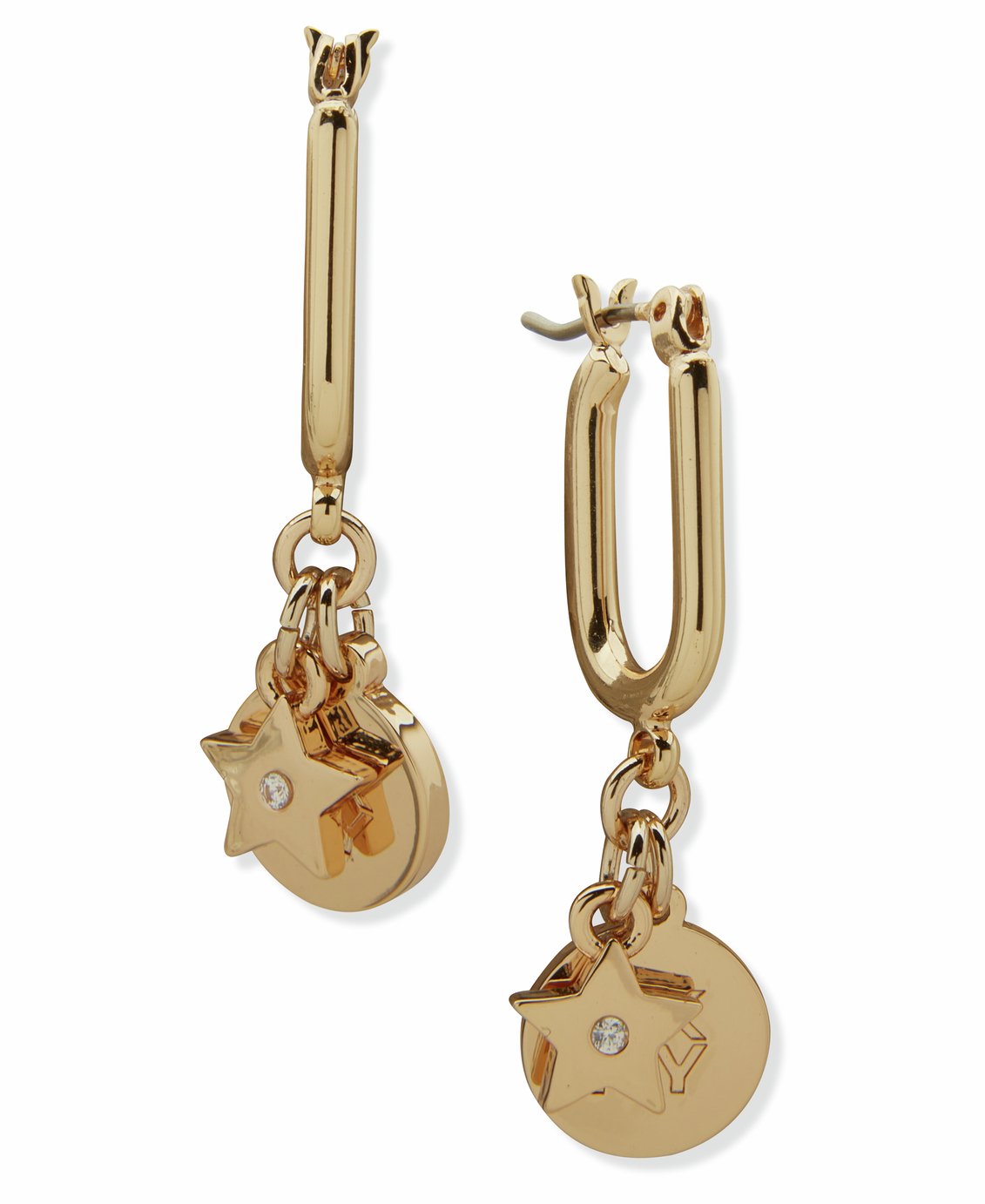 DKNY Gold Tone Pave Logo Charm Drop Earrings