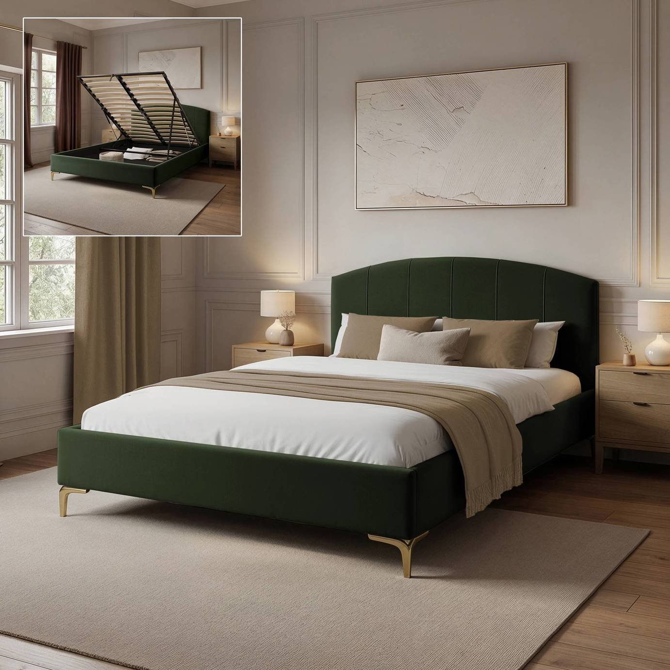 XR Living Avery Double Velvet End Lift Ottoman Bed Frame - Green