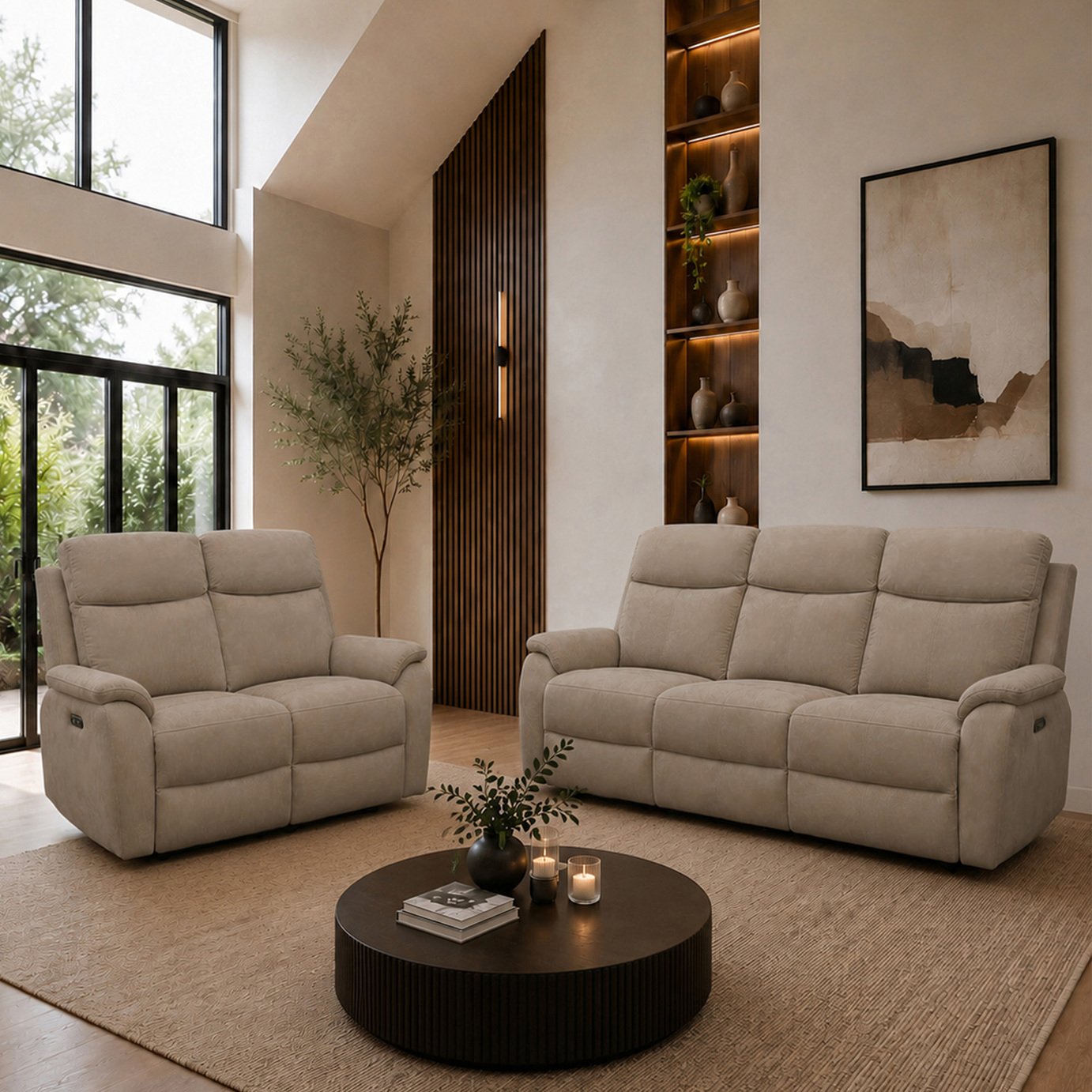 Aspire Kingsmere Fabric 3 & 2 Seater Power Recliner Sofa - Natural
