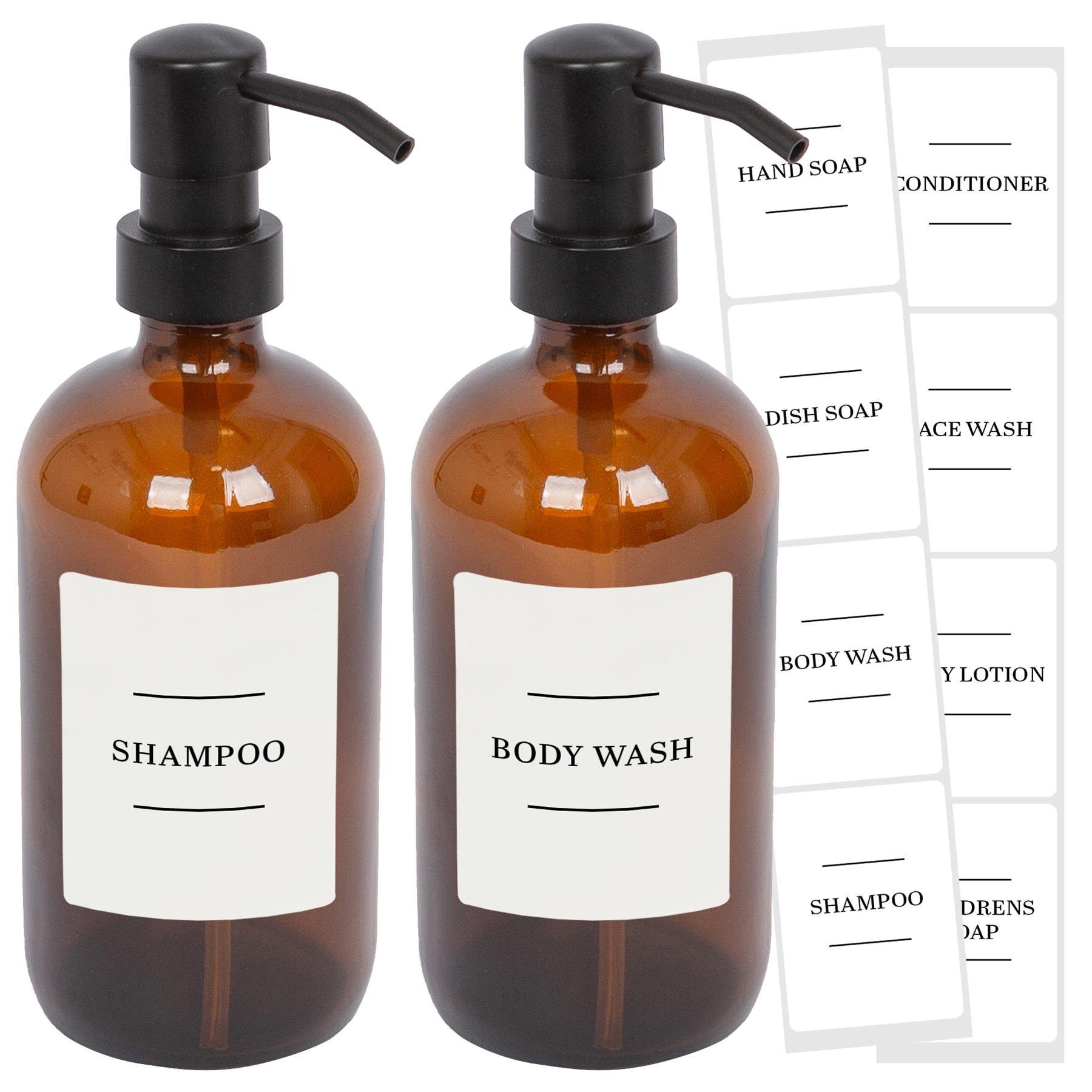 Harbour Housewares Soap Dispensers with Labels  - Amber/White - Set of 2