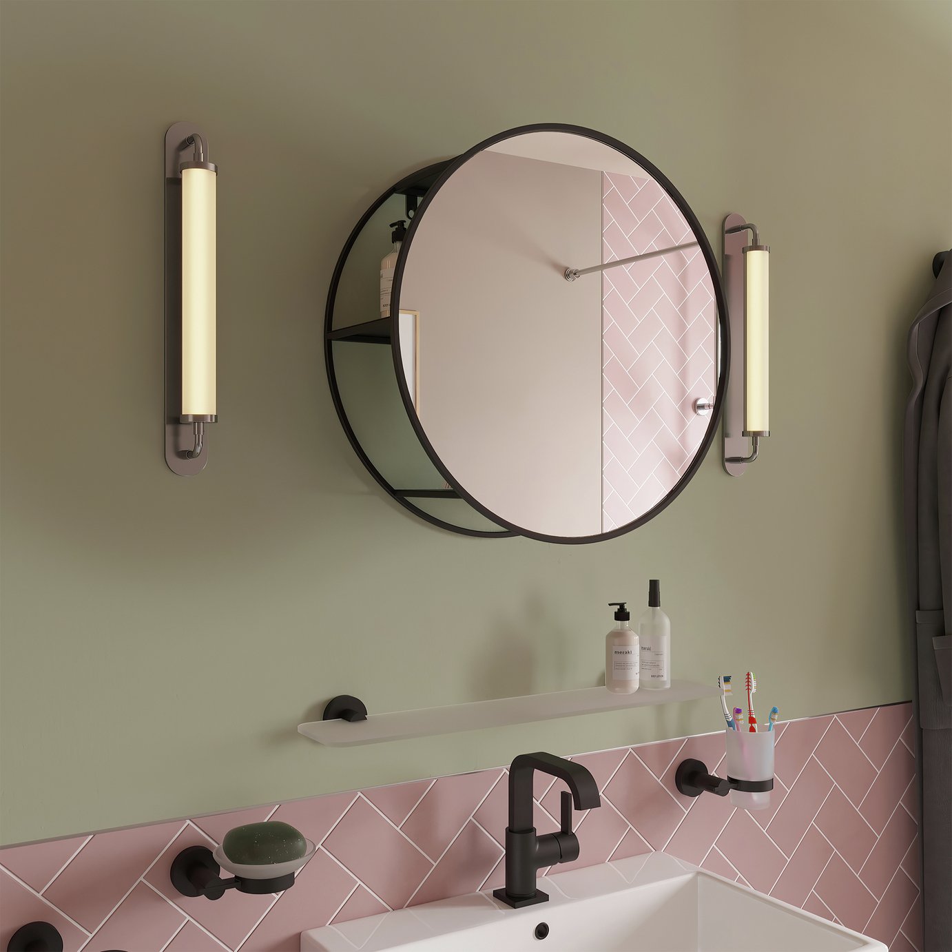 Croydex Black Metal Round Wall Mirror With Shelf - 50cm