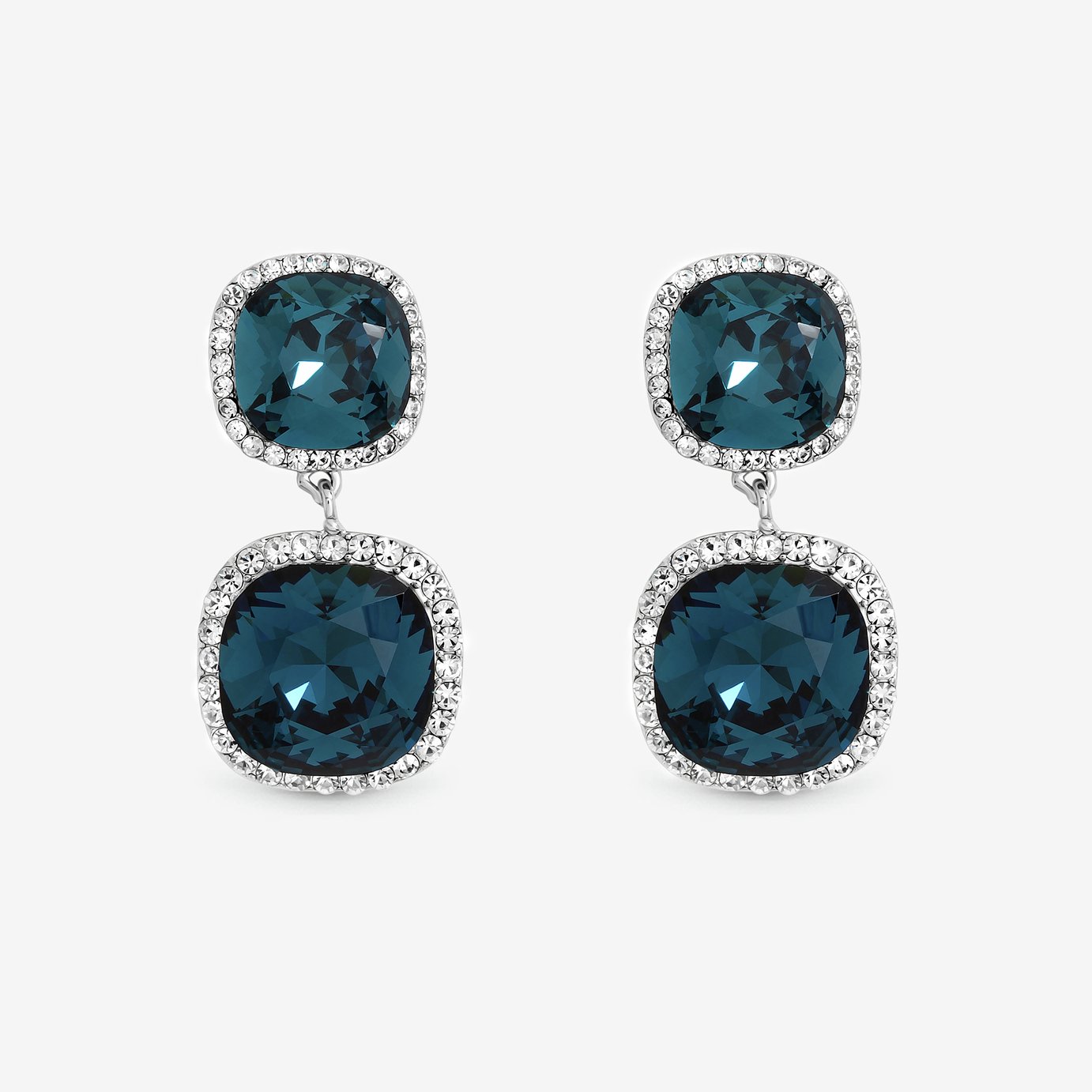 Jon Richard Rhodium Plated Sapphire Double Drop Halo Earrings