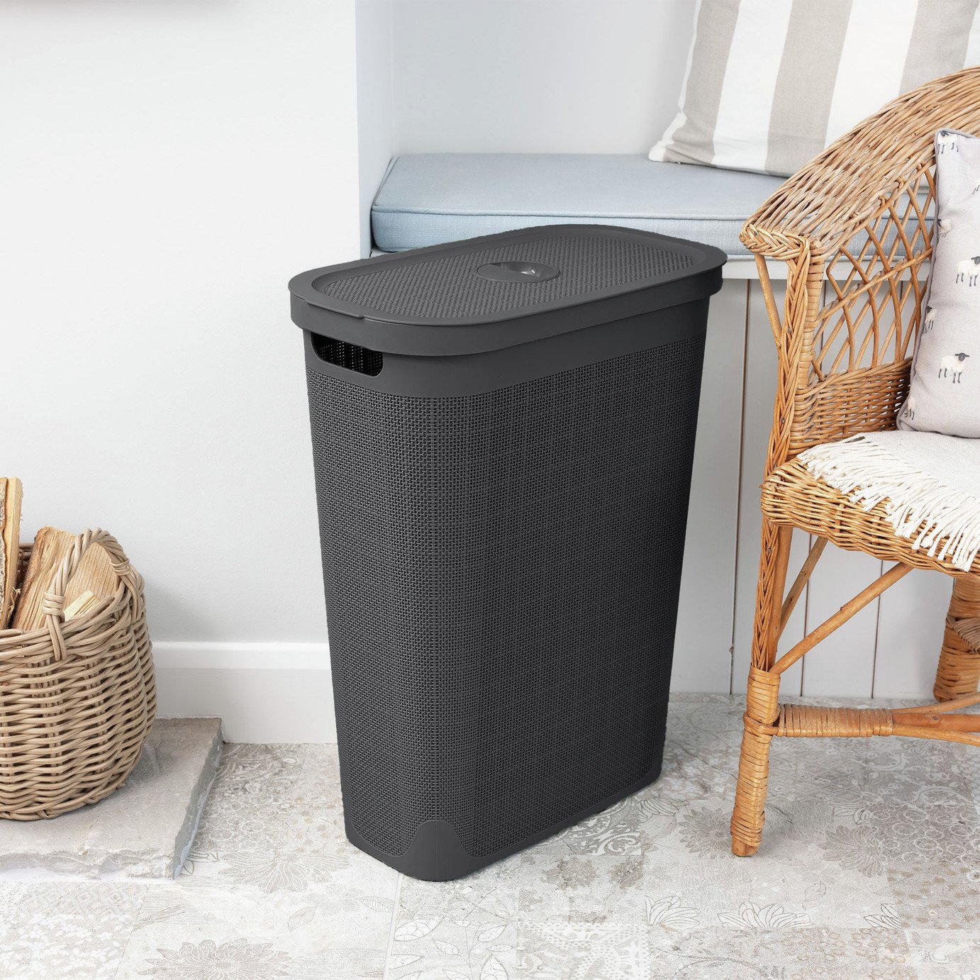 Addis 40 Litre Plastic Slimline Laundry Hamper - Charcoal
