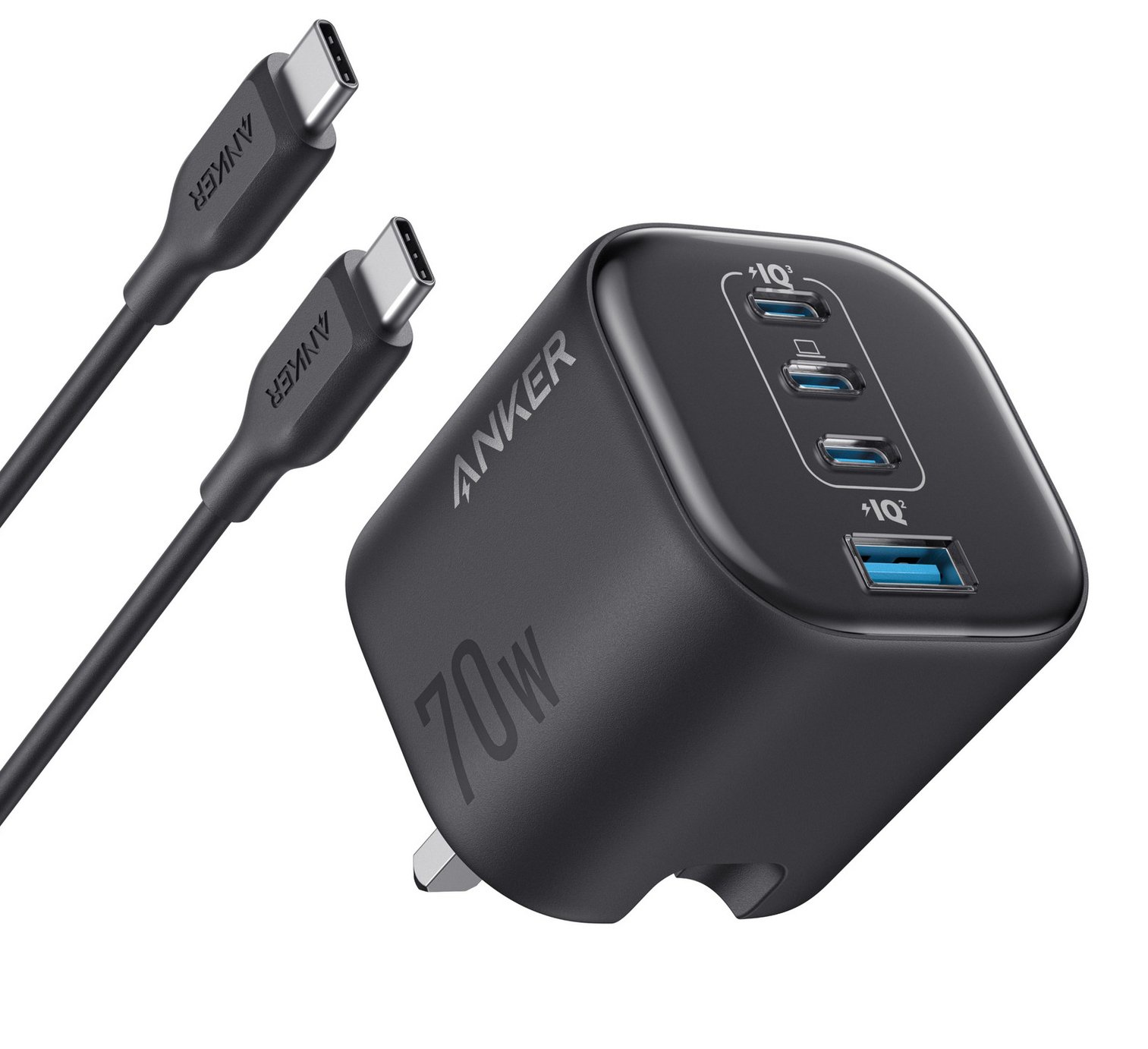 Anker Zolo 70W 4-Port USB-A & USB-C GaN Charger with 1.8m USB-C Cable - Black