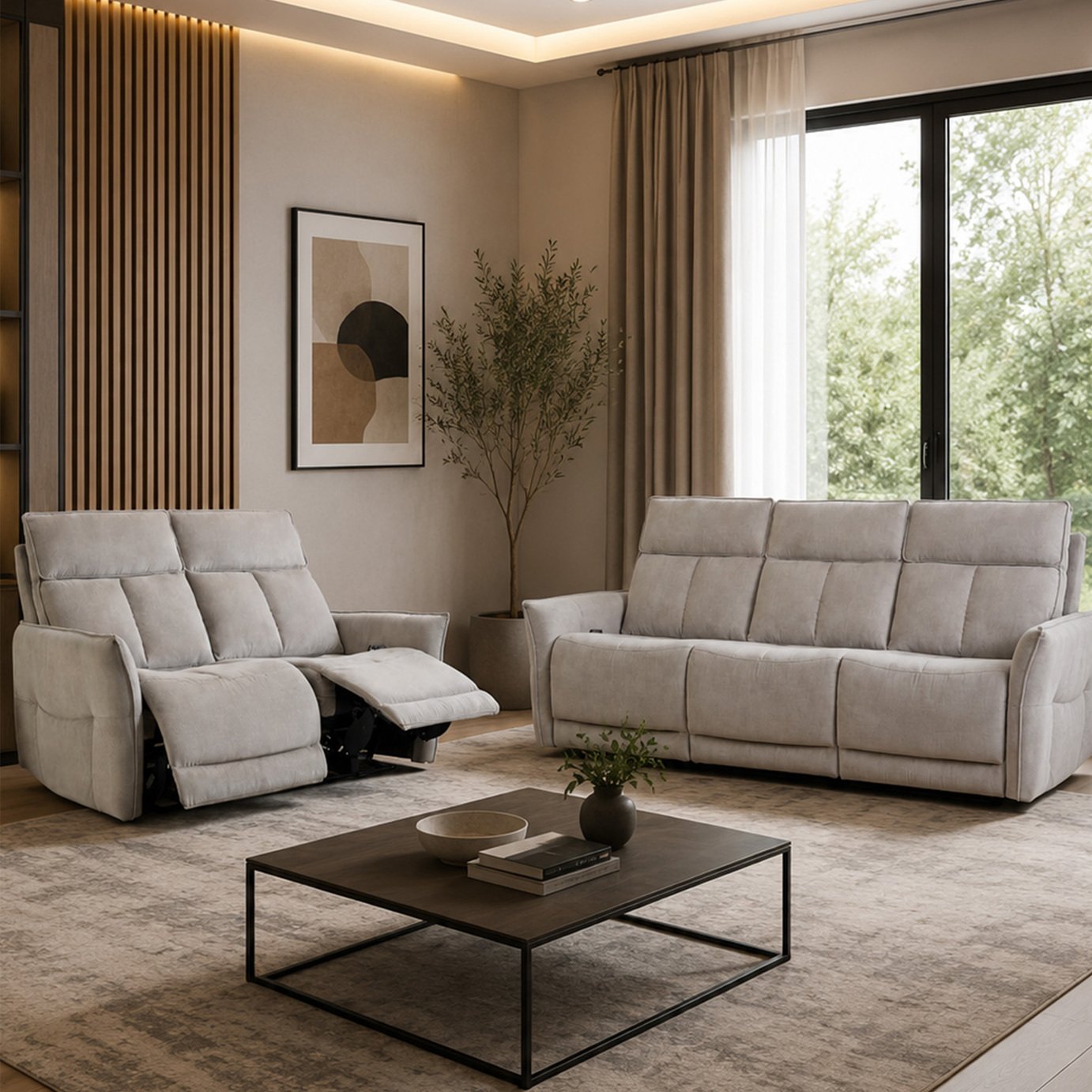 Aspire Riva Fabric 3 & 2 Seater Power Recliner Sofa - Natural