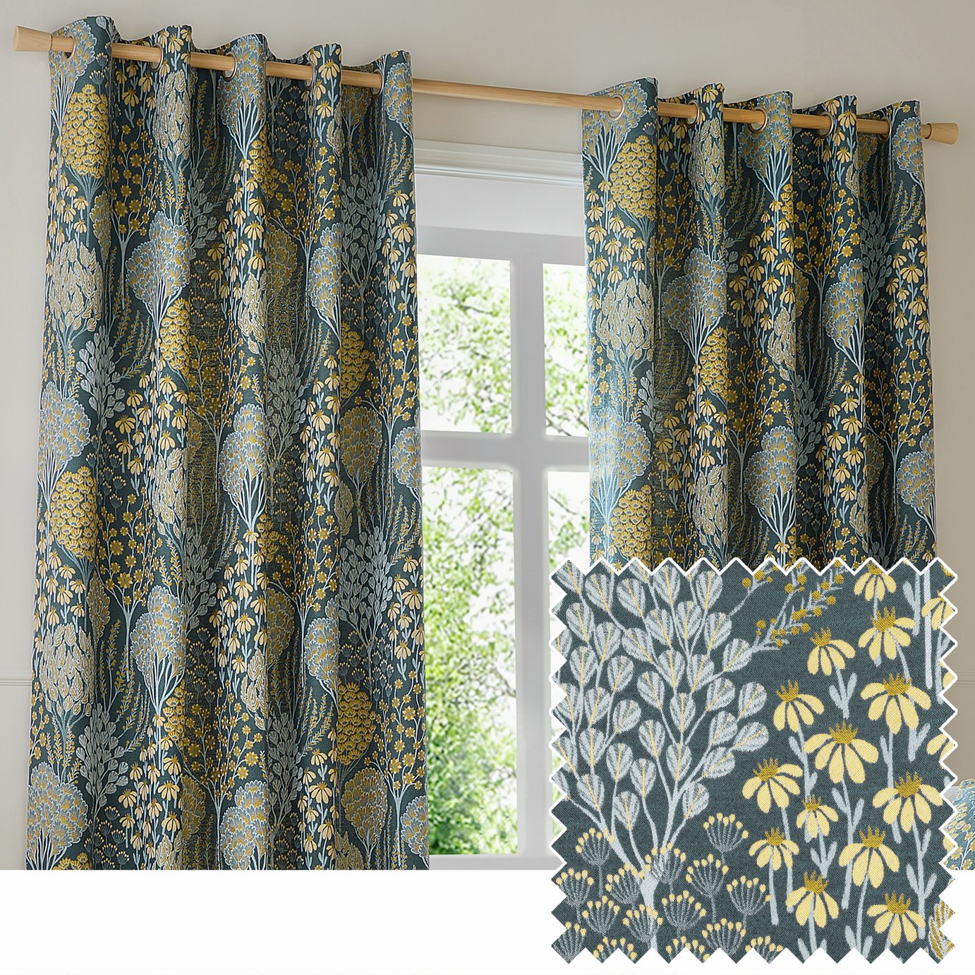 Wylder Ophelia Floral Eyelet Curtains - Blue and Saffron