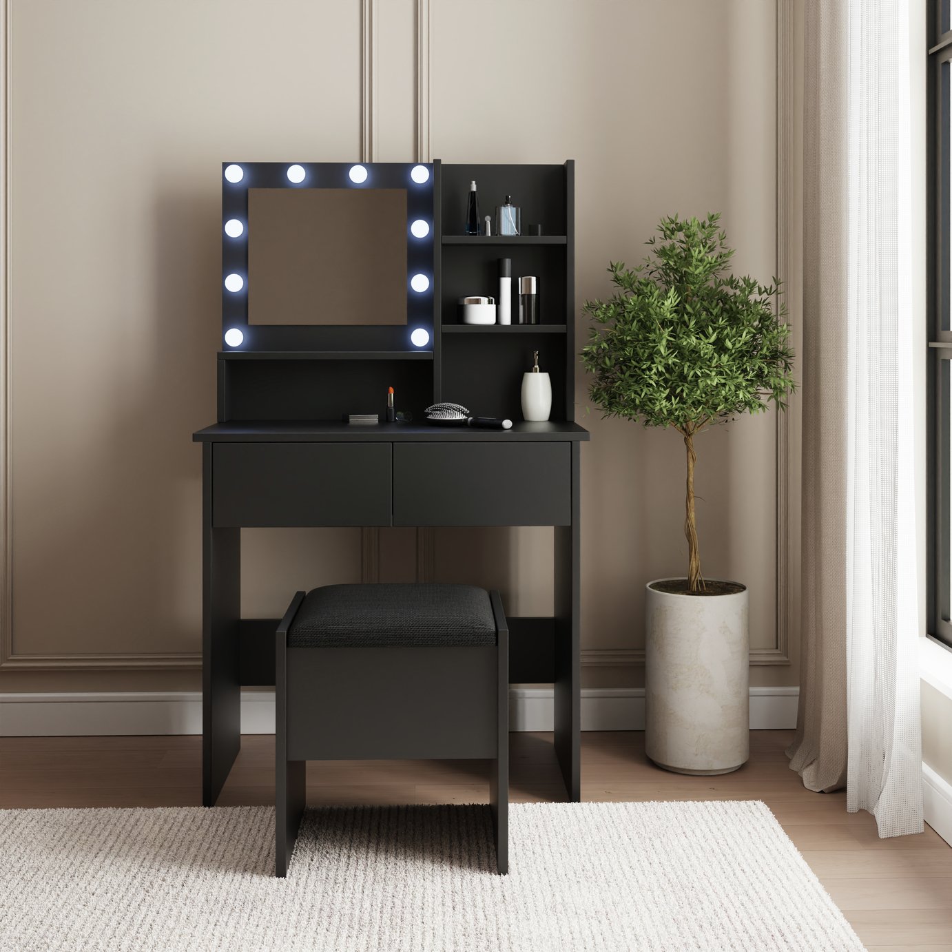 GFW Eva 2 Drawer Dressing Table & Stool - Black