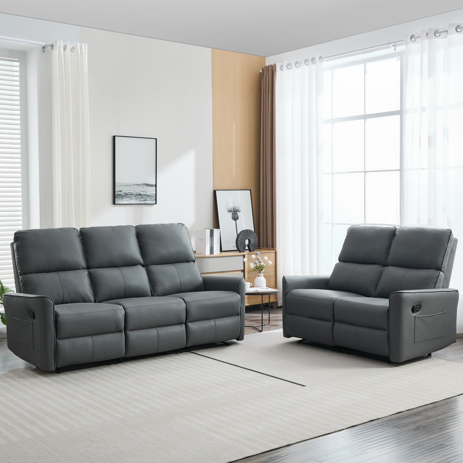 Furniture Online Madrid Manual Recliner Faux Leather 2+3 Seater Sofa Set - Grey