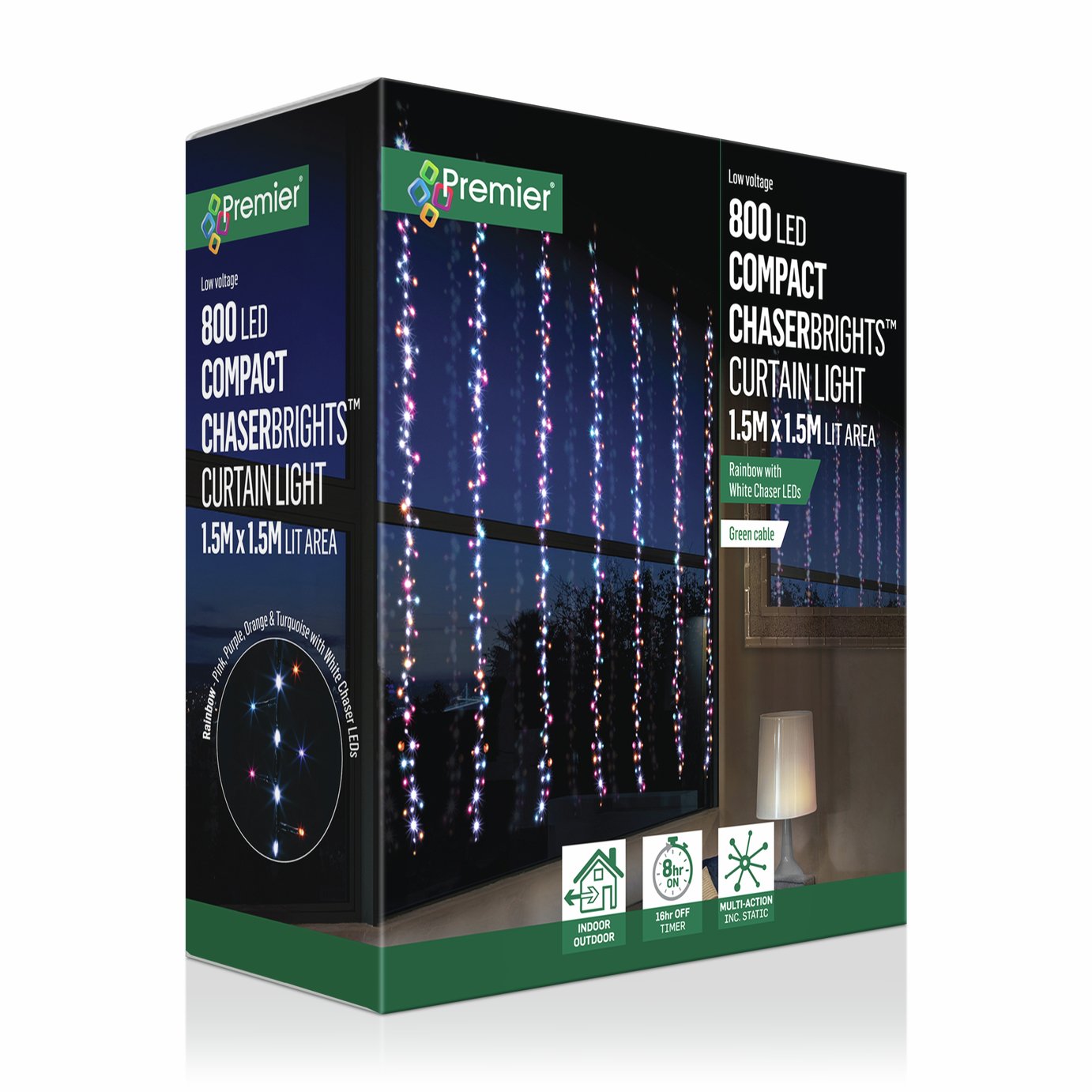 Premier Decorations 800 LED Chasing Curtain Light - Multicoloured
