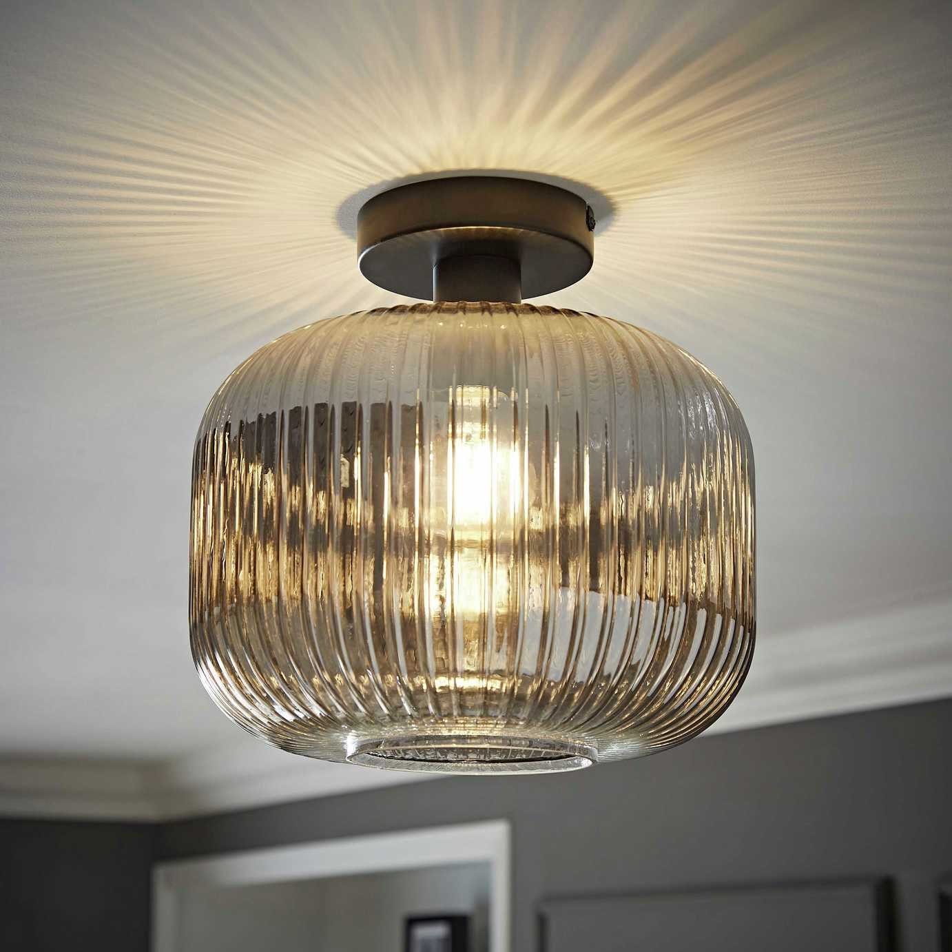 ValueLights Calpe Large Ribbed Smoked Glass Ceiling Light - Black