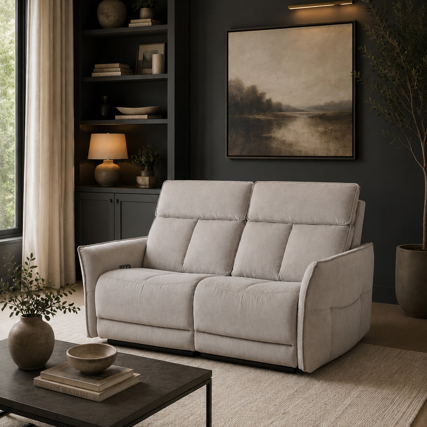 Aspire Riva Fabric 2 Seater Power Recliner Sofa - Natural