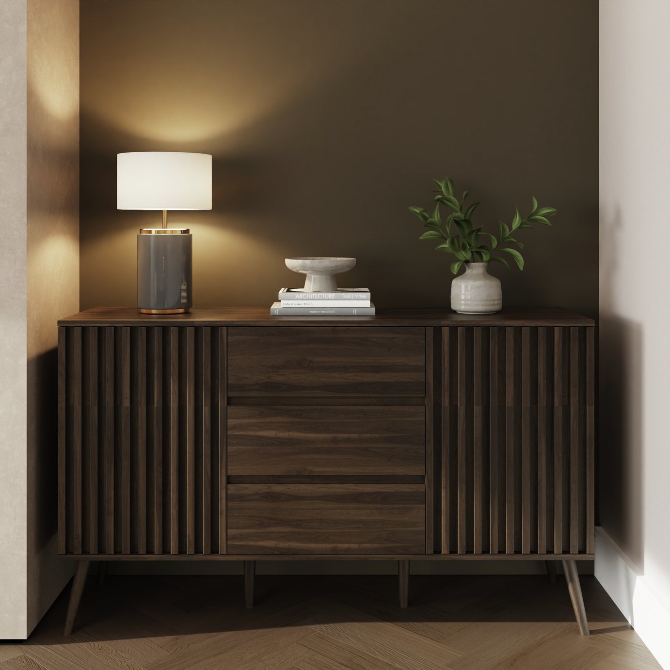 GFW Louvered 2 Door 3 Drawer Sideboard - Walnut Effect