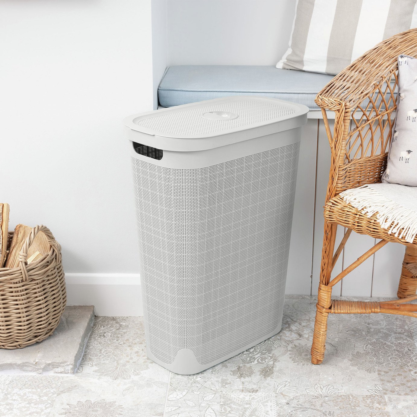 Addis 40 Litre Plastic Slimline Laundry Hamper - Light Grey