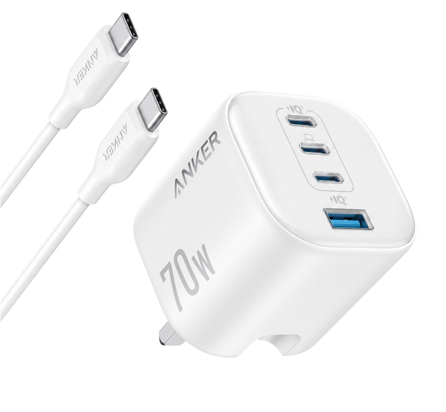 Anker Zolo 70W 4-Port USB-C & USB-A GaN Charger with 1.8m USB-C Cable - White