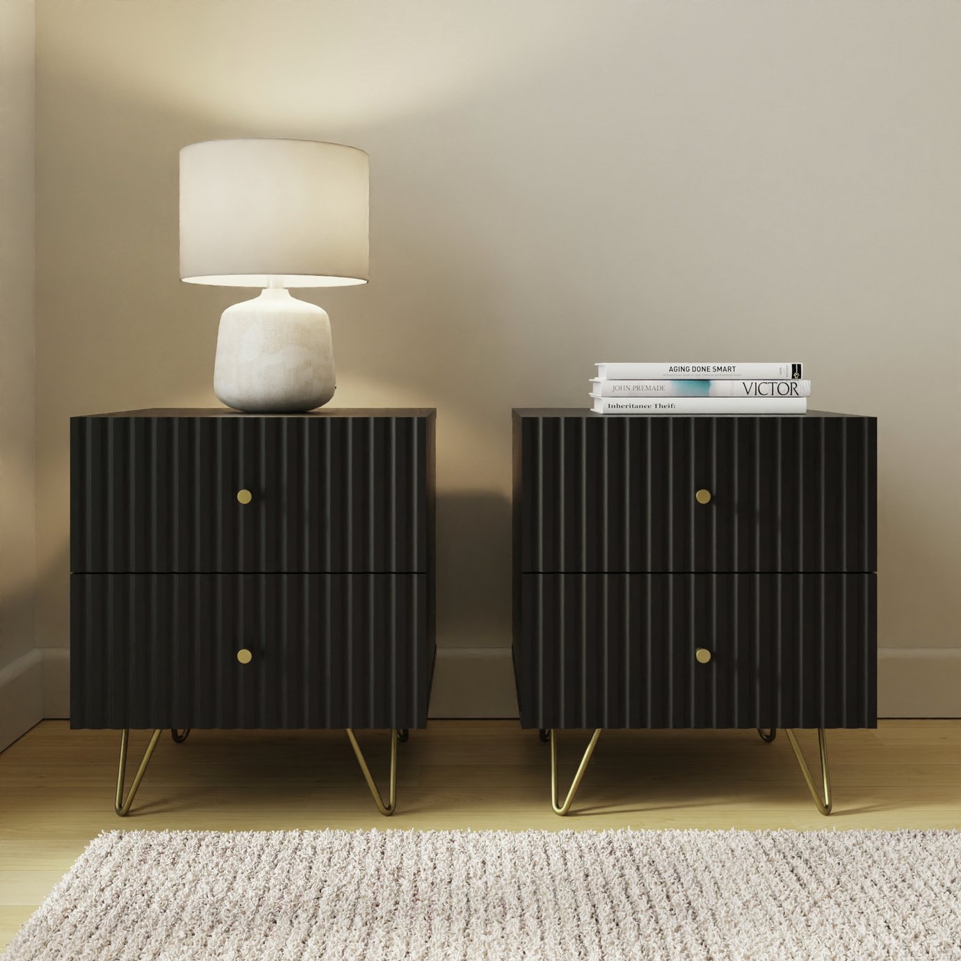GFW Thalia 2 Drawer Bedside Table Pair - Black