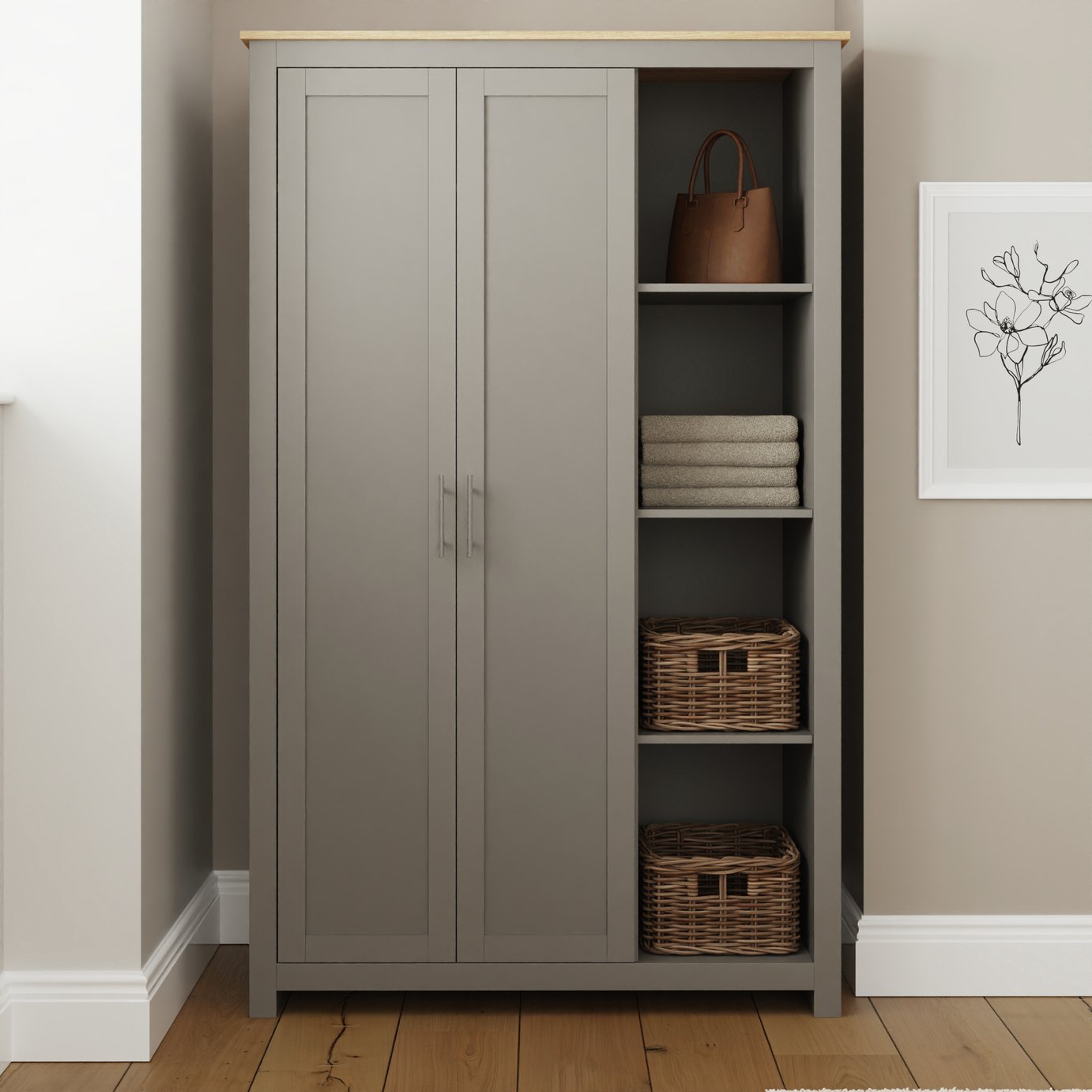 GFW Lancaster 2 Door Shelf Wardrobe - Grey
