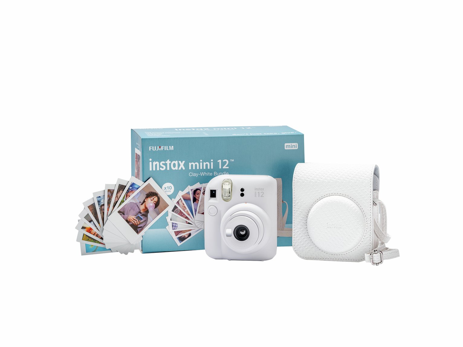 instax Mini 12 Instant Camera Bundle - Clay White