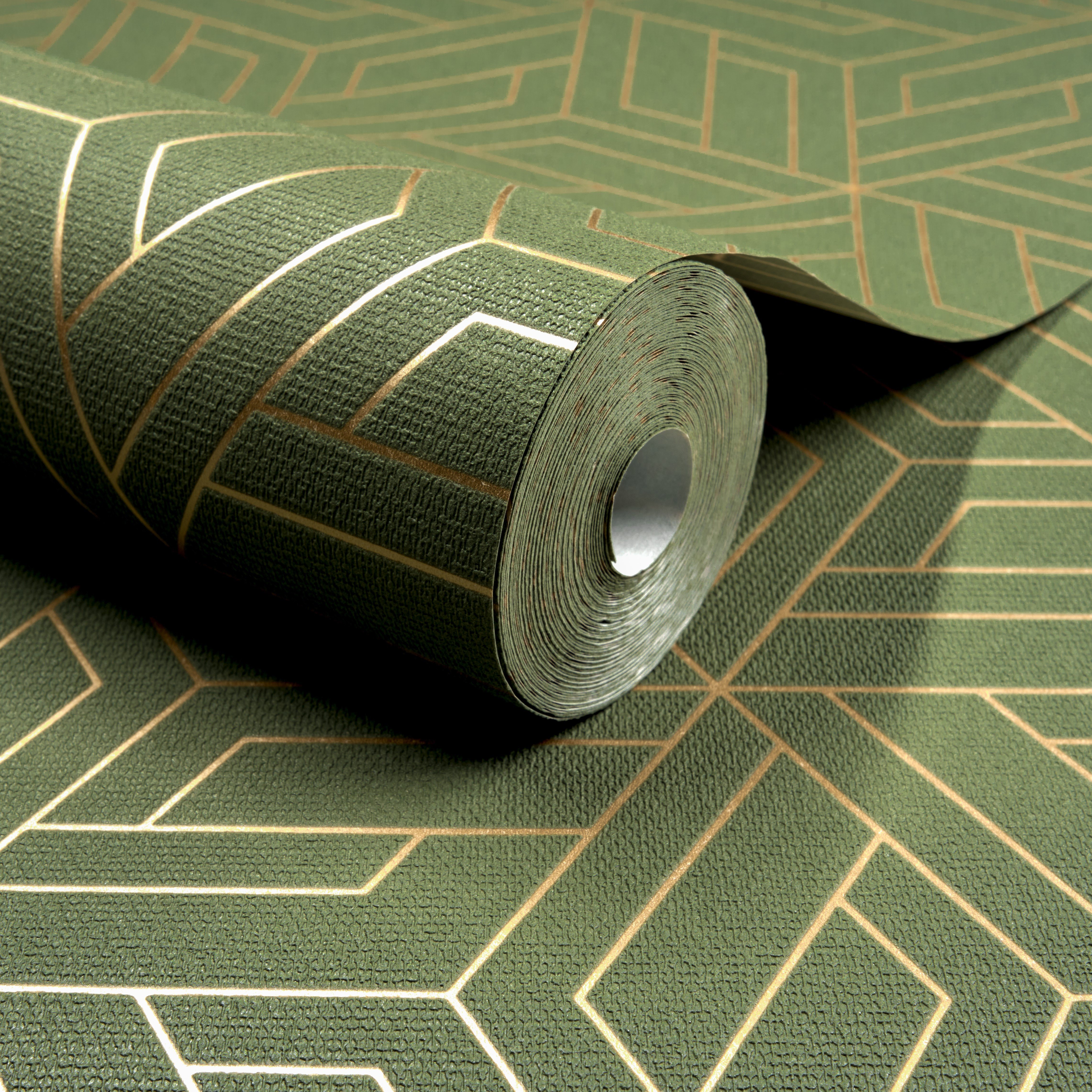 Grandeco Cobra Geometric Pattern Metallic Blown Vinyl Wallpaper - Green
