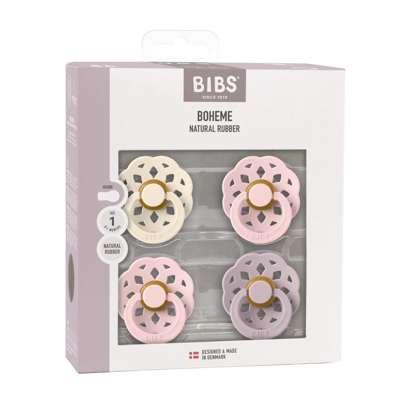 BIBS Boheme Natural Rubber Soother 4 Pack - Pink and Vanilla Mix