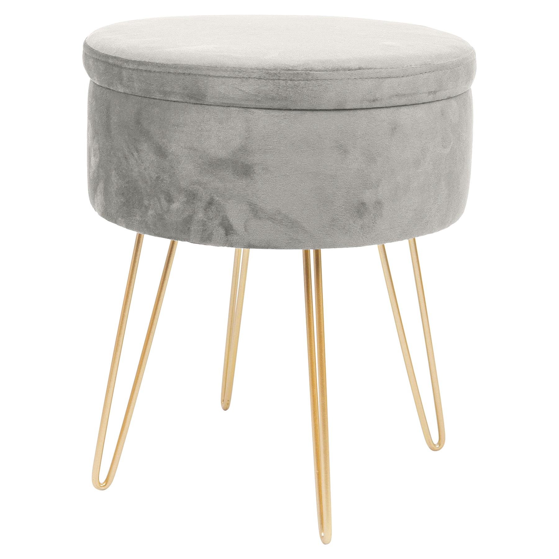Harbour Housewares Round Velvet Storage Footstool - H45 x D36cm - Grey/Gold
