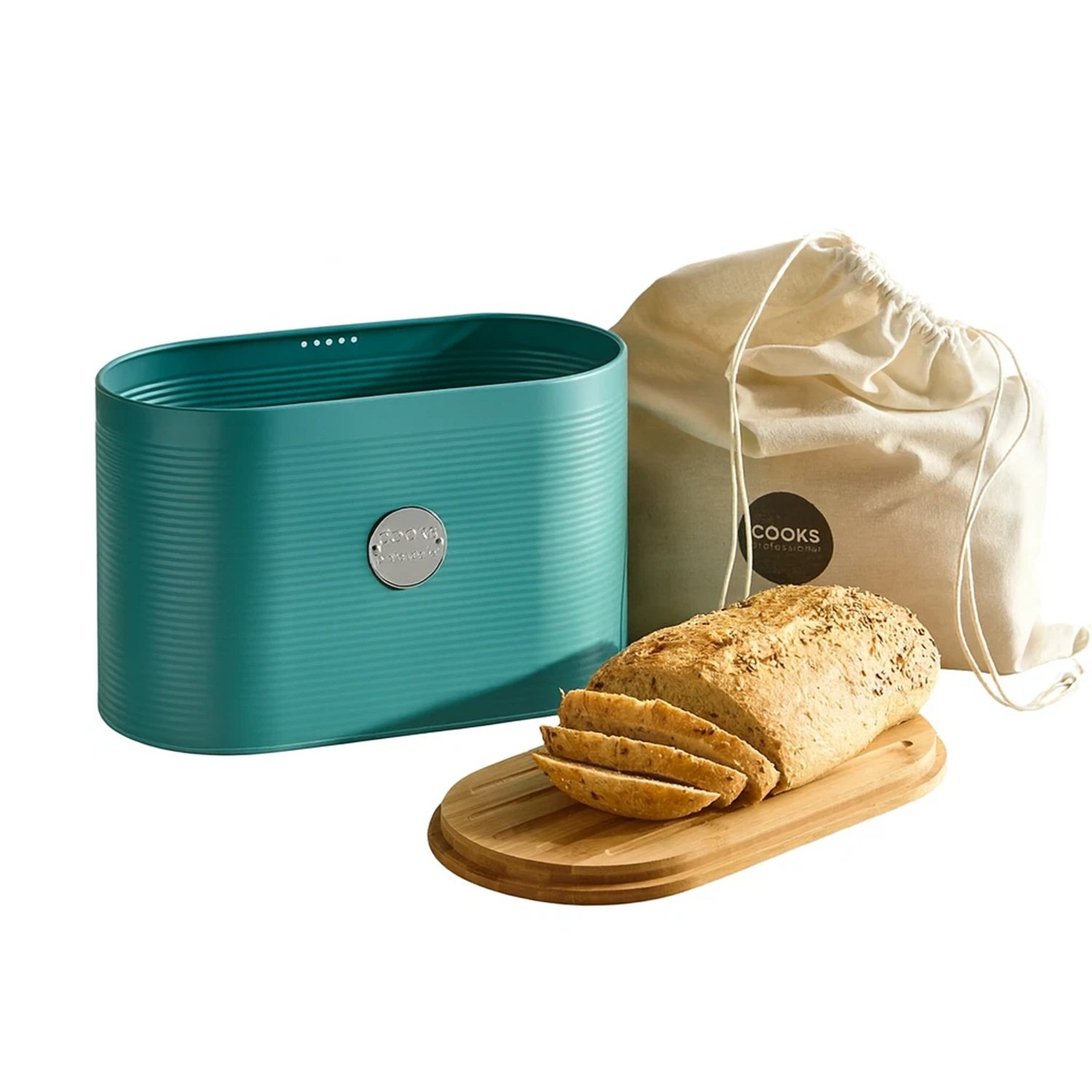 Cooks Professional Bread Bin, Linen Bag and Bamboo Board Set - Teal / Silver